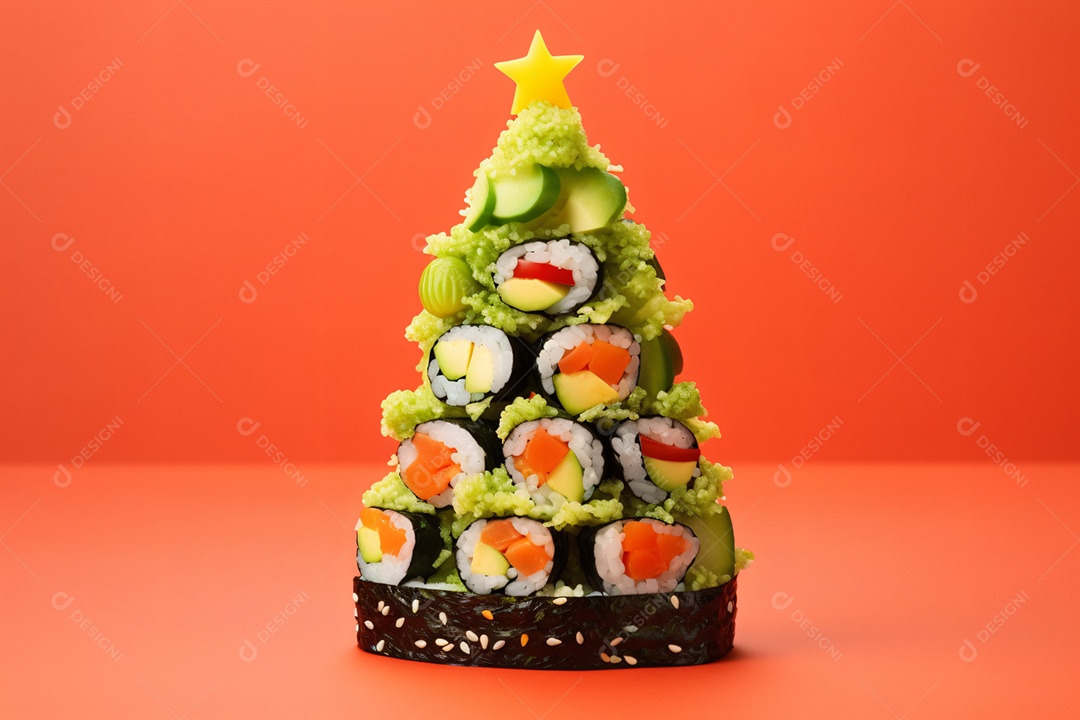 Prato de sushi sobre uma mesa de natal