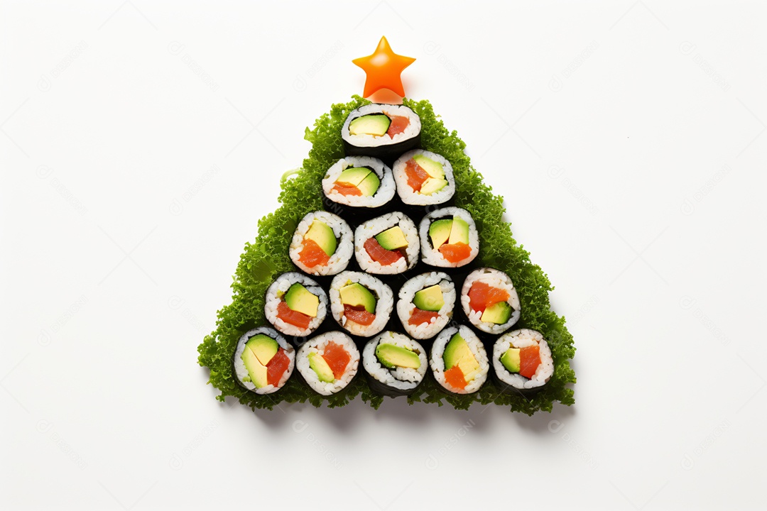 Prato de sushi sobre uma mesa de natal