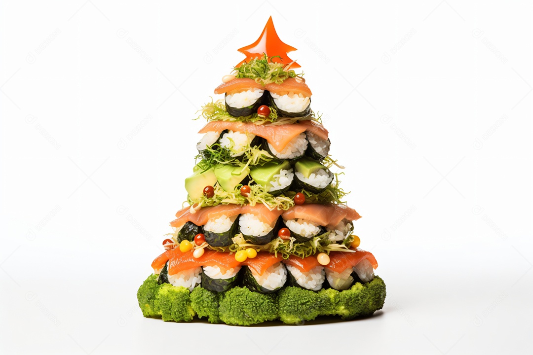 Prato de sushi sobre uma mesa de natal