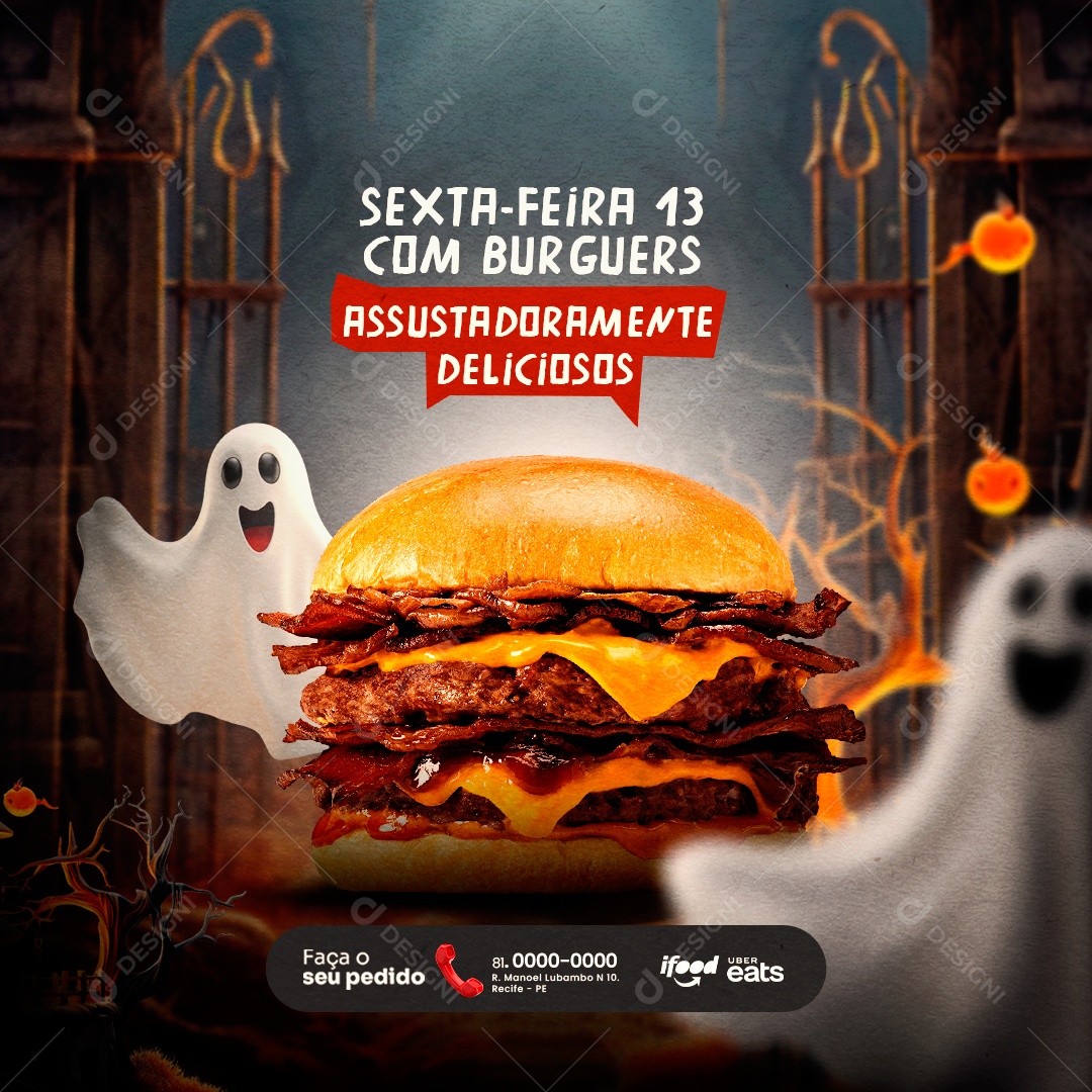 Halloween Lanchonete Hamburgueria Sexta Feira 13 com Burguers Assustadoramente Deliciosos Social Media PSD Editável