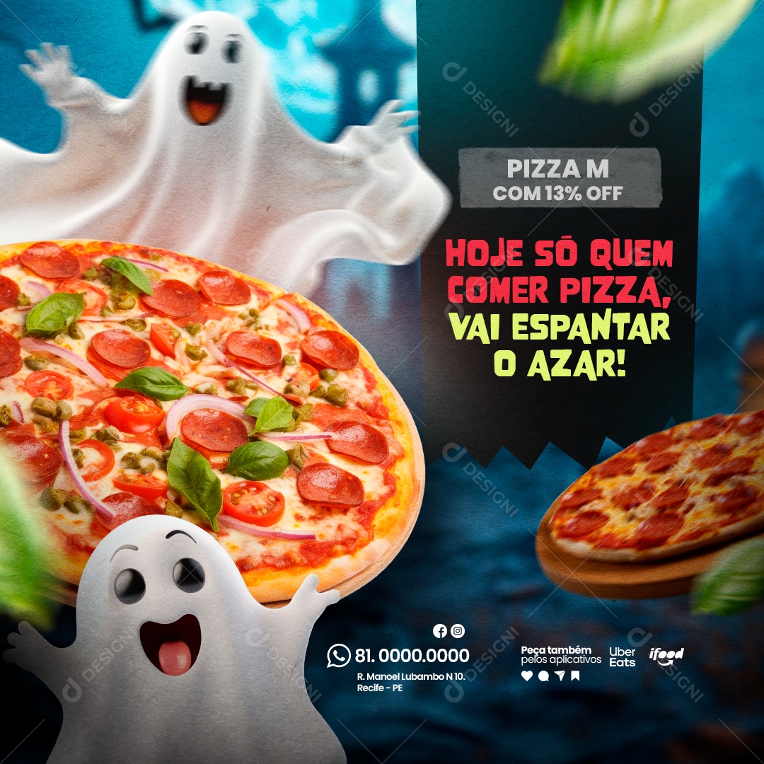 Halloween Lanchonete Pizza M com 13% Off Hoje só Quem Comer Pizza vai Espantar Azar Social Media PSD Editável