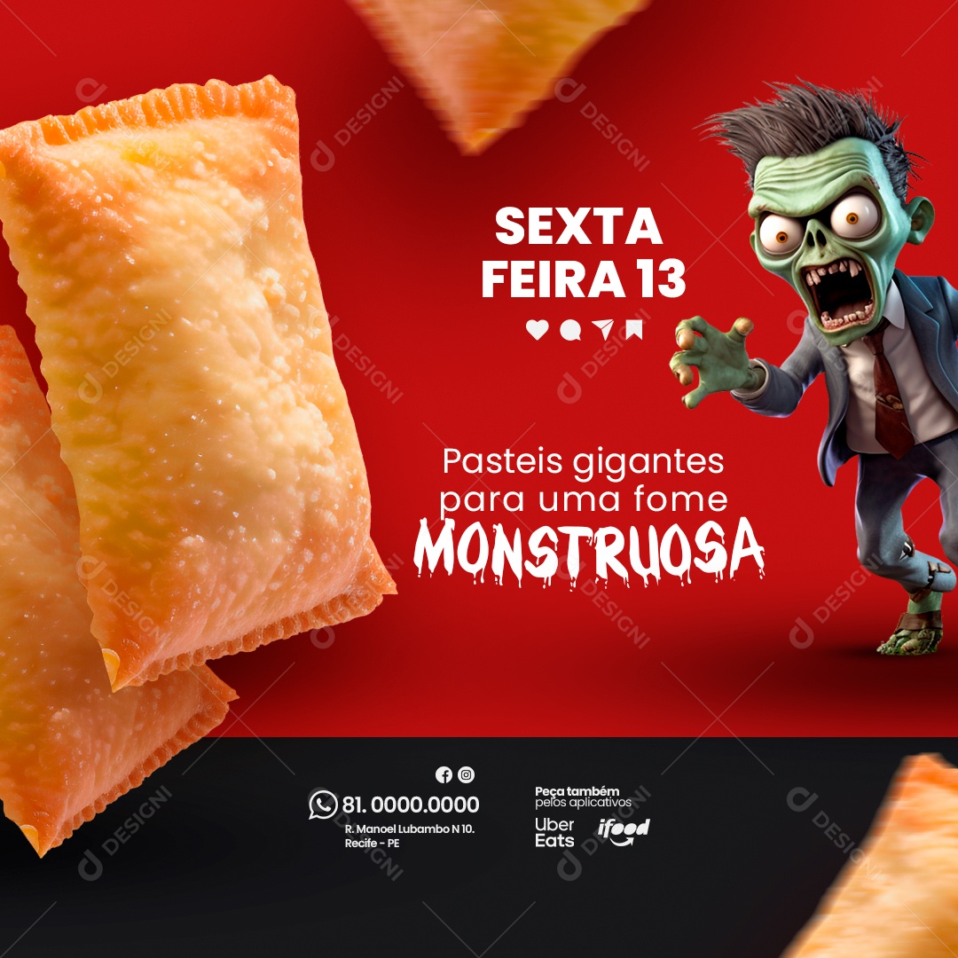 Halloween Lanchonete Sexta Feira 13 Pasteis Gigantes para uma Fome Monstruosa Social Media PSD Editável
