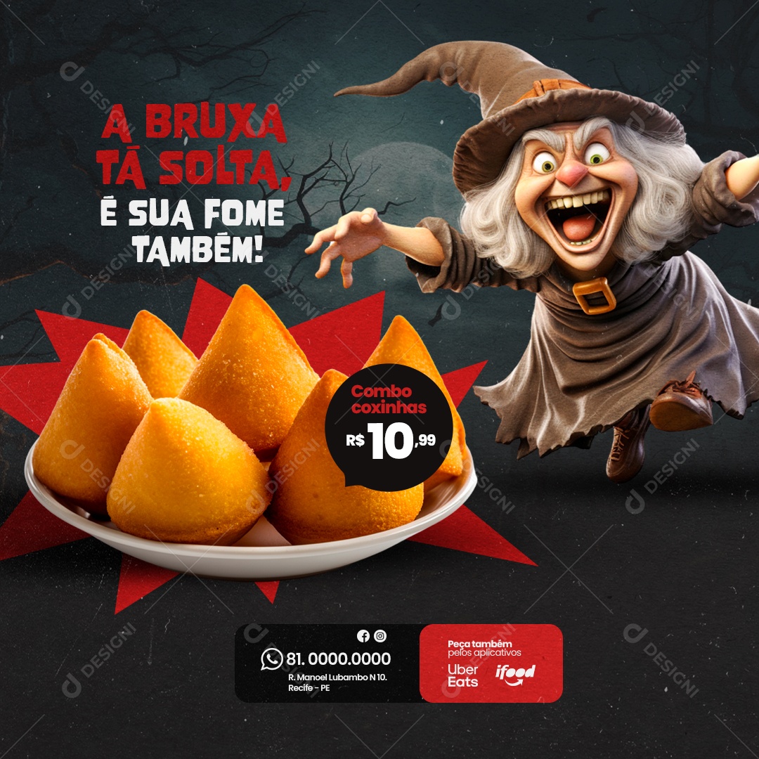 Halloween Lanchonete A Bruxa Tá solta é sua Fome Também Combo Coxinhas Social Media PSD Editável
