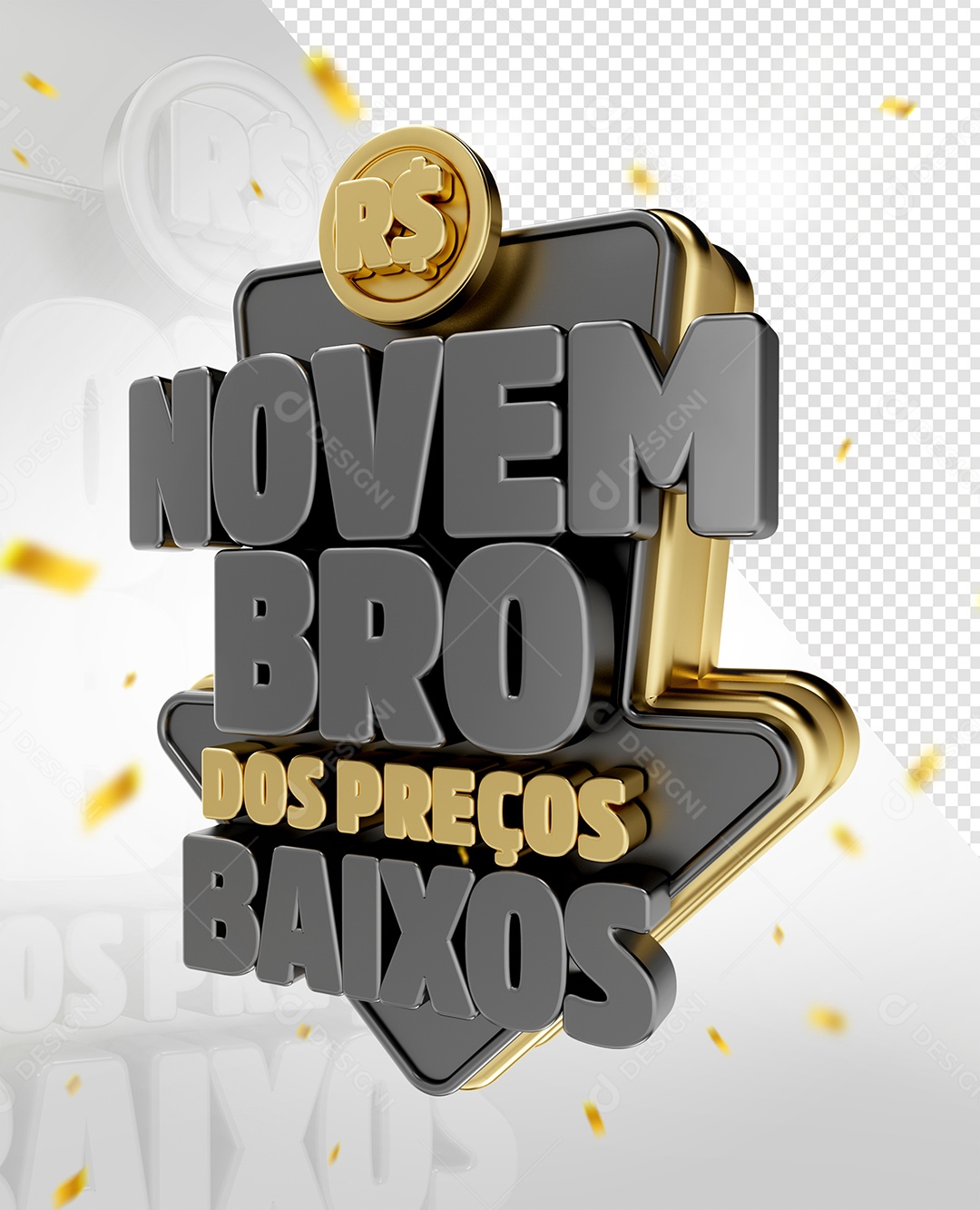 Novembro dos Preços Baixos Selo 3D Preto Dourado para Composição PSD