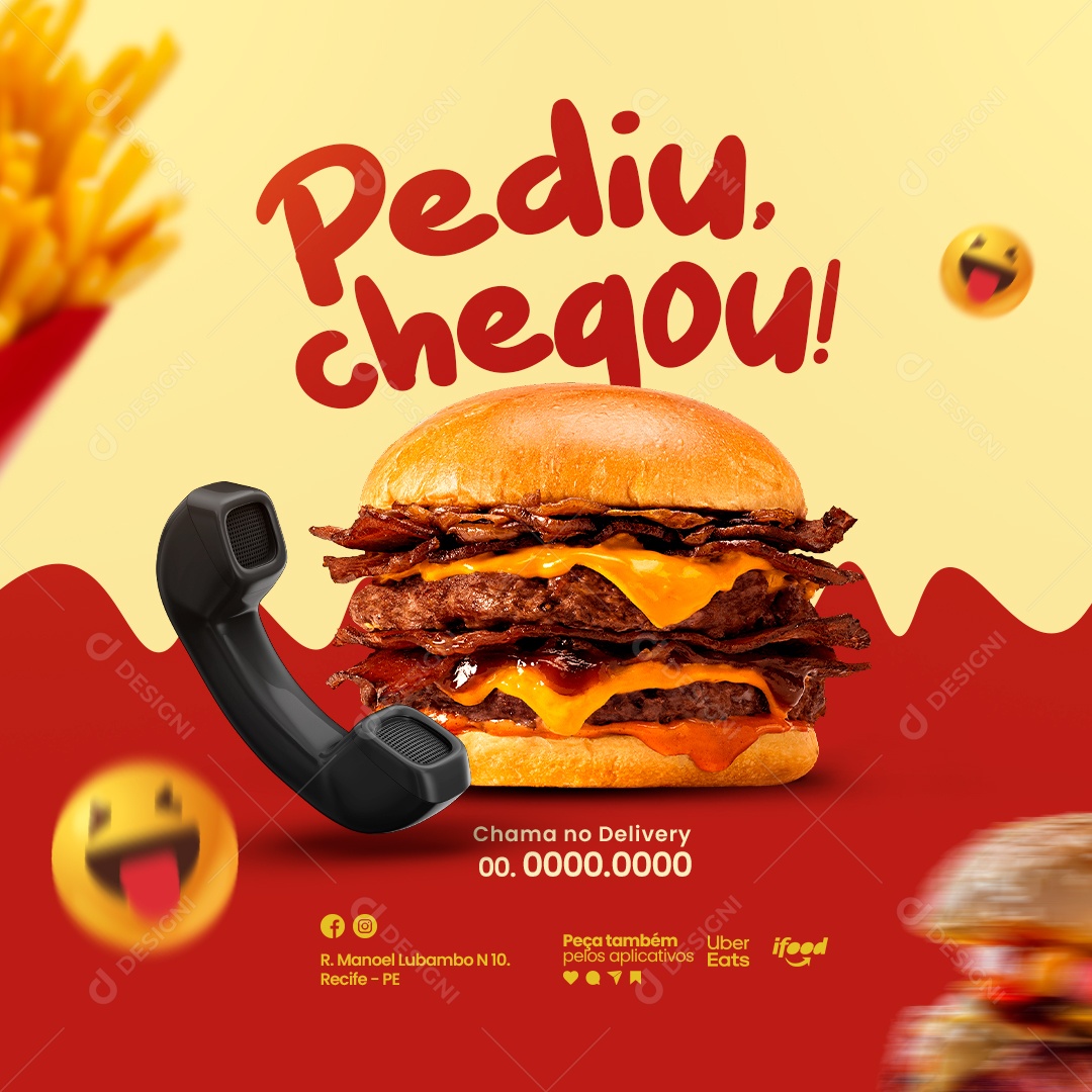 Delivery Hamburgueria Pediu Chegou Social Media PSD Editável