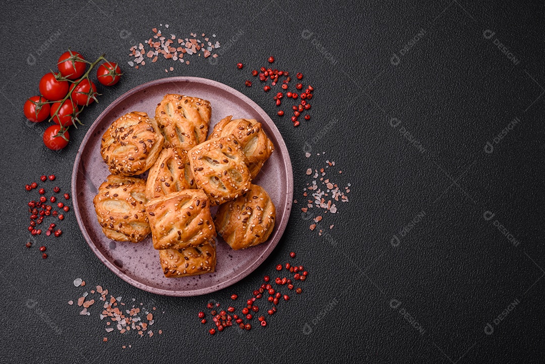 Deliciosos mini folhados crocantes com salsicha ou carne com sal