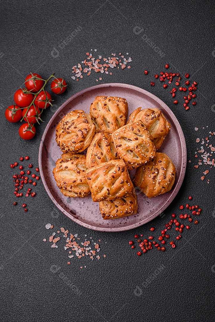 Deliciosos mini folhados crocantes com salsicha ou carne com sal