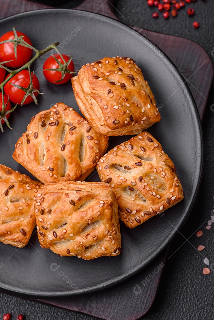 Deliciosos mini folhados crocantes com salsicha ou carne com sal, tomilho e gergelim sobre fundo escuro de concreto