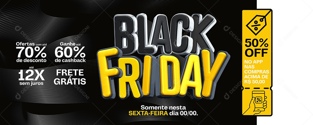 Banner Black Friday 50% Off no App nas Compras Loja Social Media PSD Editável