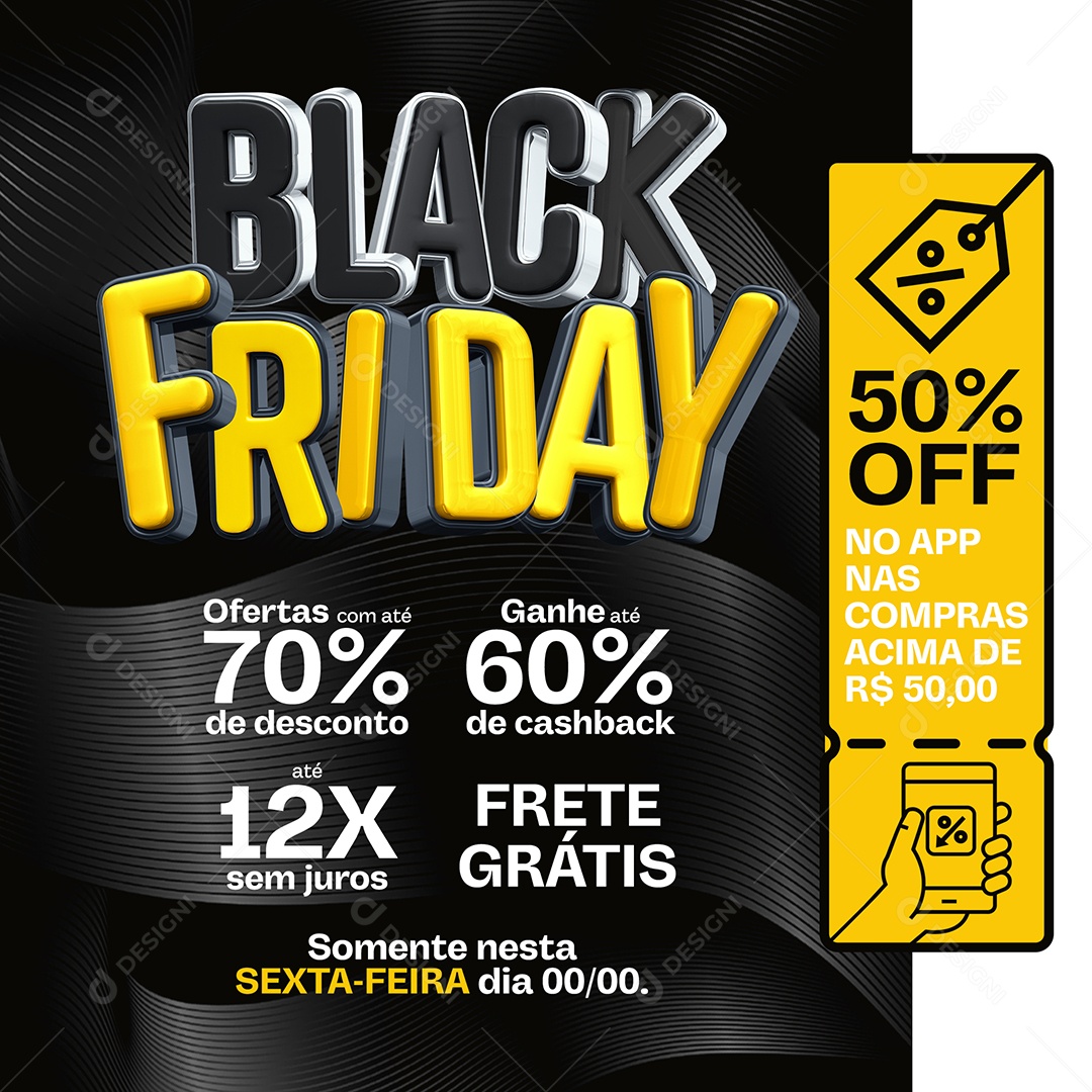 Black Friday 50% Off no App nas Compras Loja Social Media PSD Editável