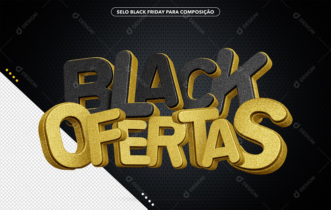 Black Ofertas Selo 3D Preto e Dourado com Glitter para Composição PSD