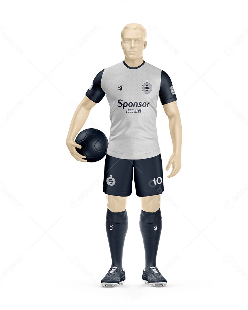 Manequin Com Bola Uniforme De Futebol Frente Gola C Mockup PSD Editável