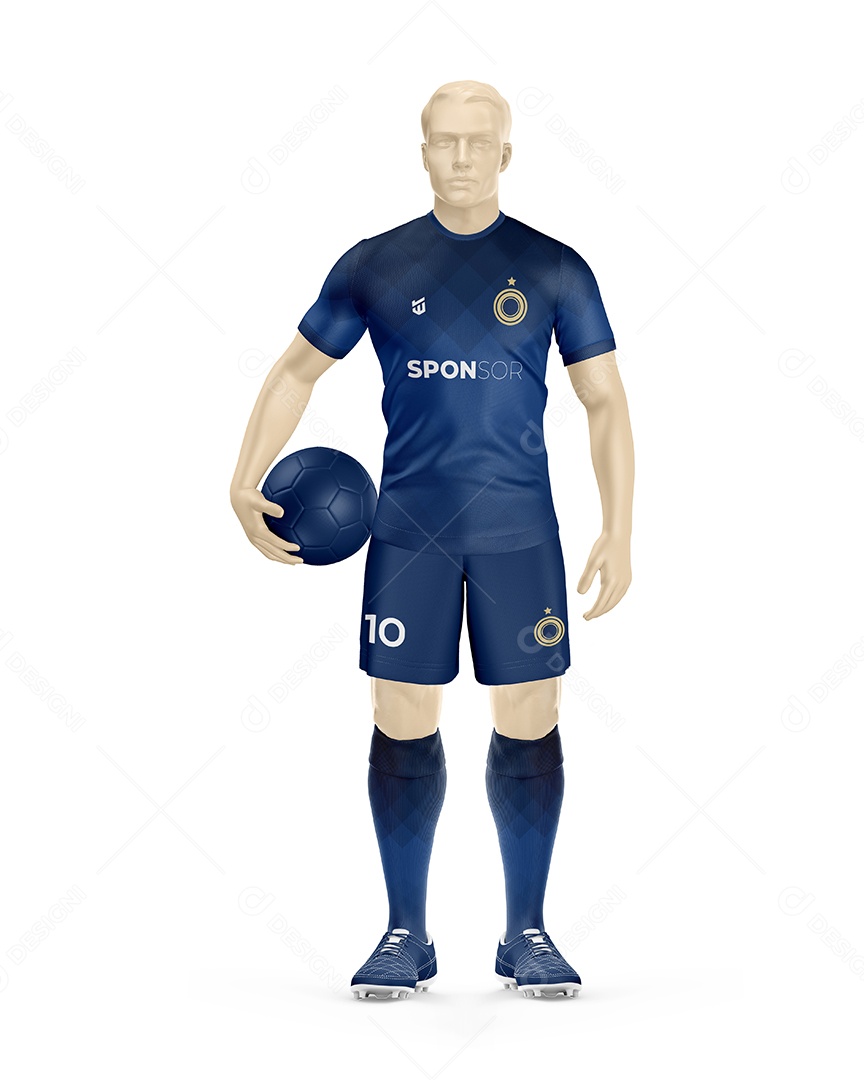 Manequin Com Bola Uniforme De Futebol Frente Gola C Mockup PSD Editável