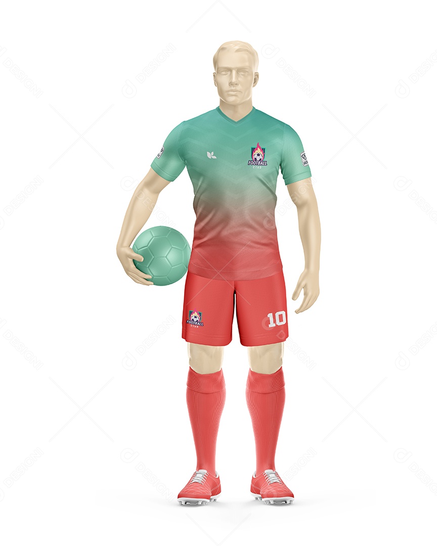 Manequin Com Bola Uniforme De Futebol Frente Gola V Mockup PSD Editável