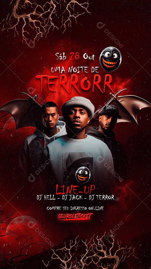 Story Flyer Halloween Uma Noite de Terror Line Up Dj Hell Dj Jack Dj Terror Social Media PSD Editável