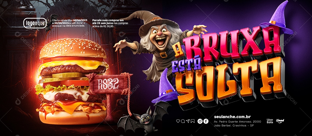 Social Media Banner A Bruxa Está Solta Halloween Hamburgueria PSD Editável