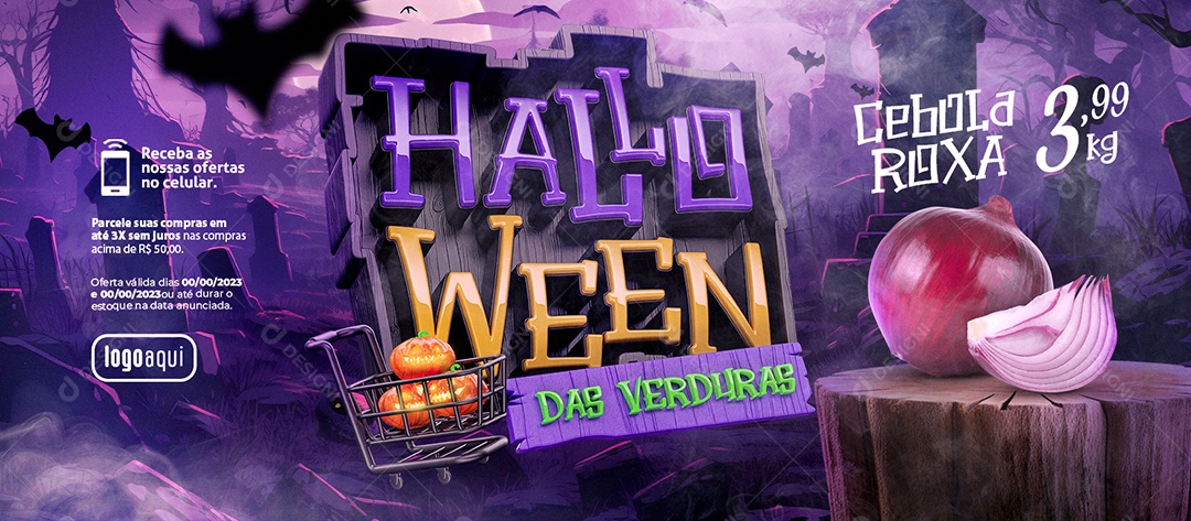 Banner Halloween das Verduras Hortifruti Cebola Roxa Social Media PSD Editável