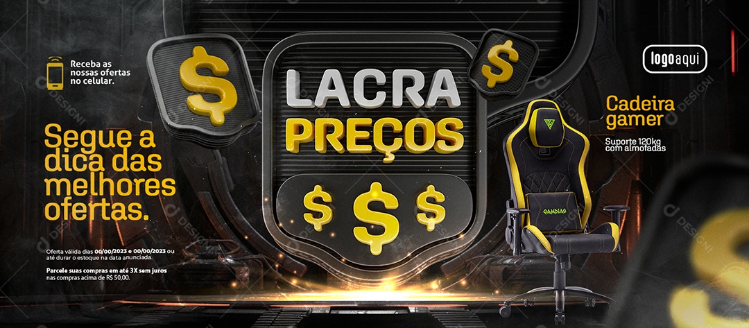 Social Media Banner Lacra Preços Cadeira Gamer Suporte 120kg com Almofadas Loja Gamer PSD Editável