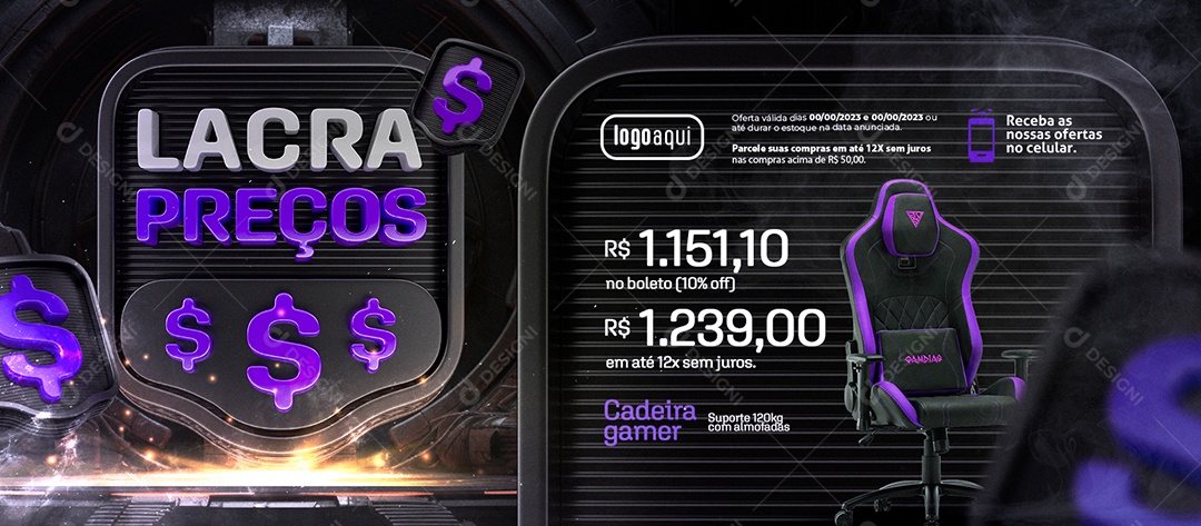 Banner Lacra Preços Cadeira Gamer Suporte 120kg com Almofadas Loja Gamer Social Media PSD Editável