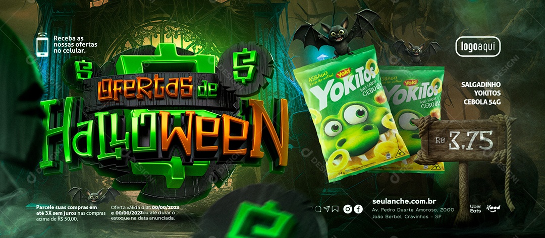 Banner Ofertas de Halloween Salgadinho Yokitos Cebola Supermercado Social Media PSD Editável