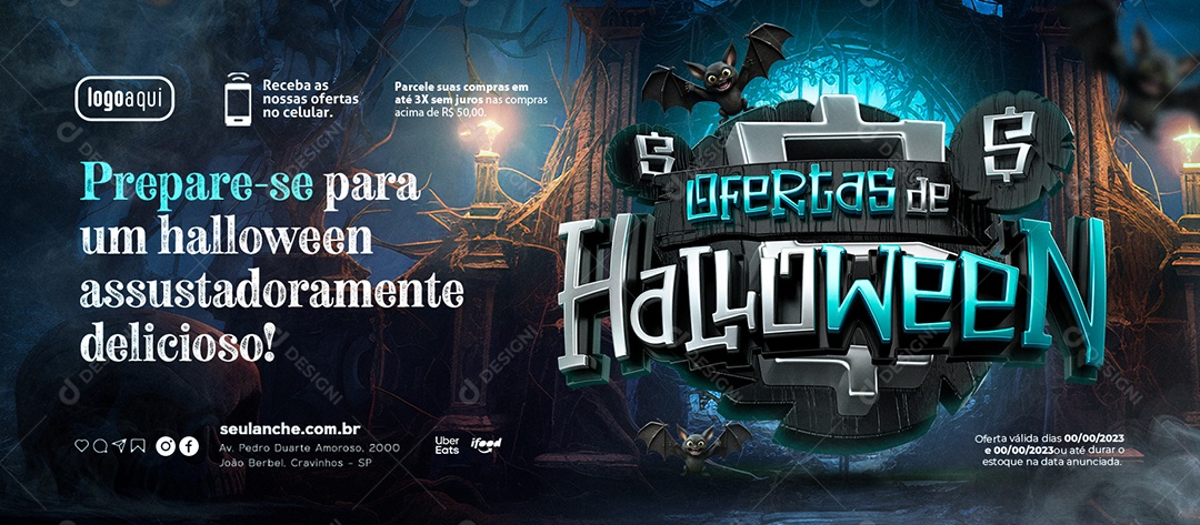 Banner Ofertas de Halloween Prepare se para um Halloween Assustadoramente Delicioso Social Media PSD Editável