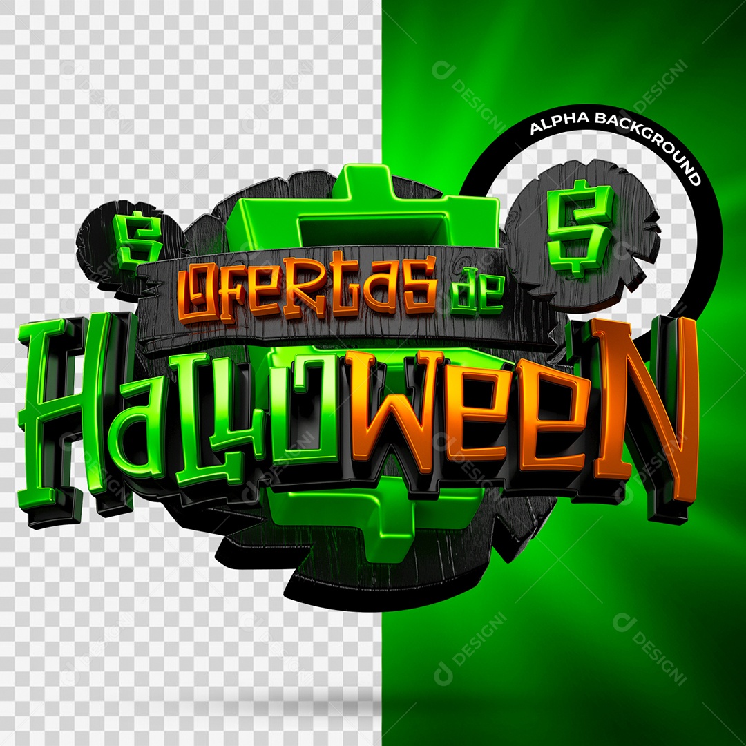 Ofertas de Halloween Selo 3D para Laranja e Verde para Composição PSD