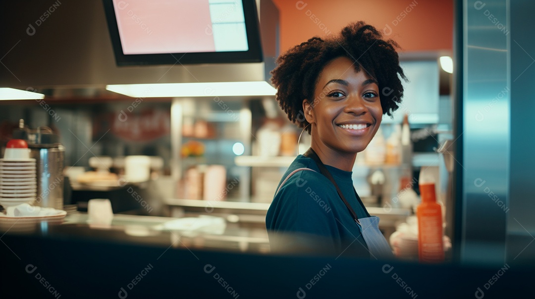 Mulher negra trabalhando em um fast food