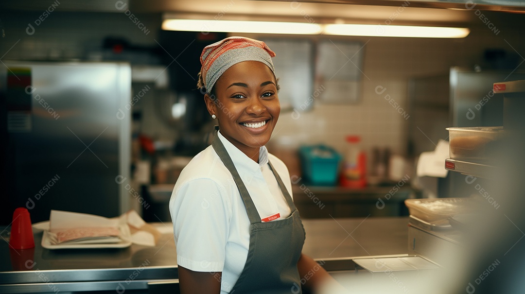 Mulher negra trabalhando em um fast food