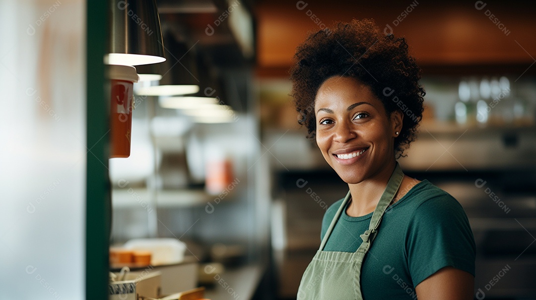 Mulher negra trabalhando em um fast food