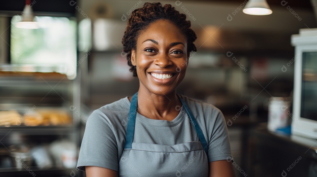 Mulher negra trabalhando em um fast food