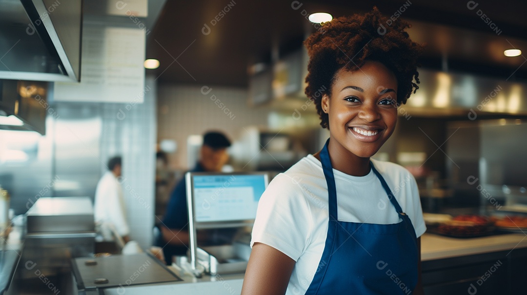 Mulher negra trabalhando em um fast food