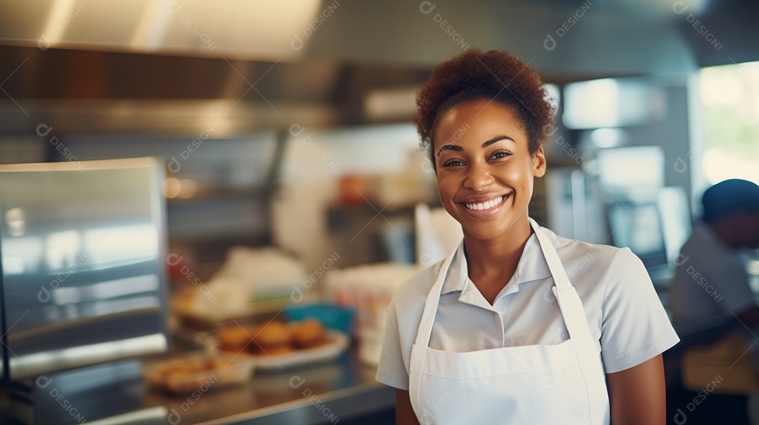 Mulher negra trabalhando em um fast food