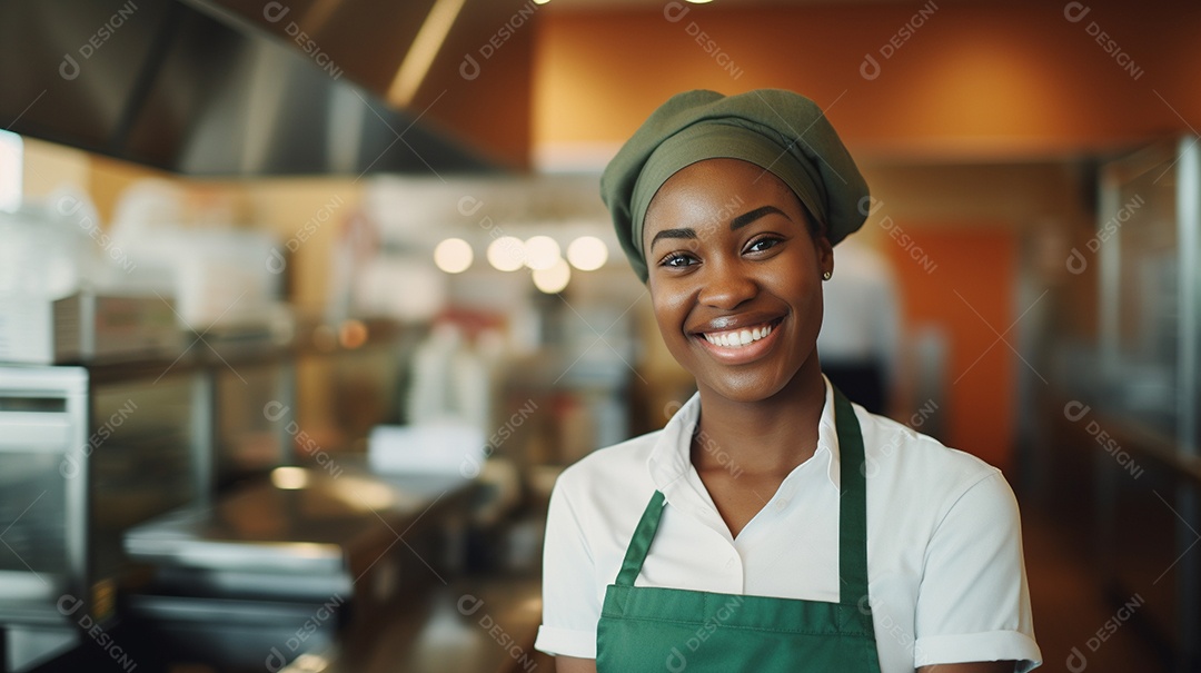 Mulher negra trabalhando em um fast food
