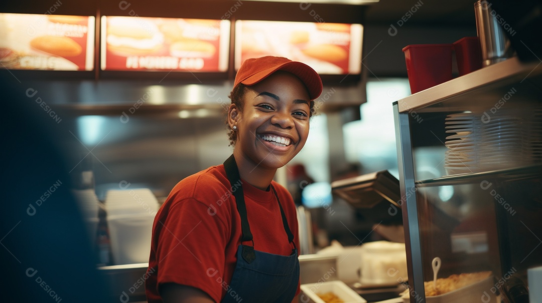 Mulher negra trabalhando em um fast food