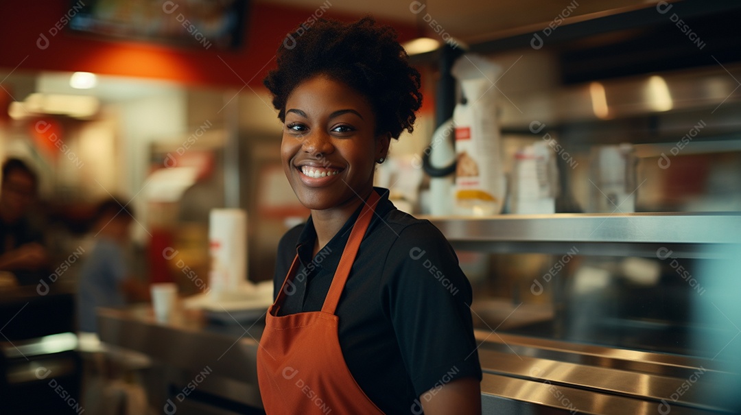 Mulher negra trabalhando em um fast food