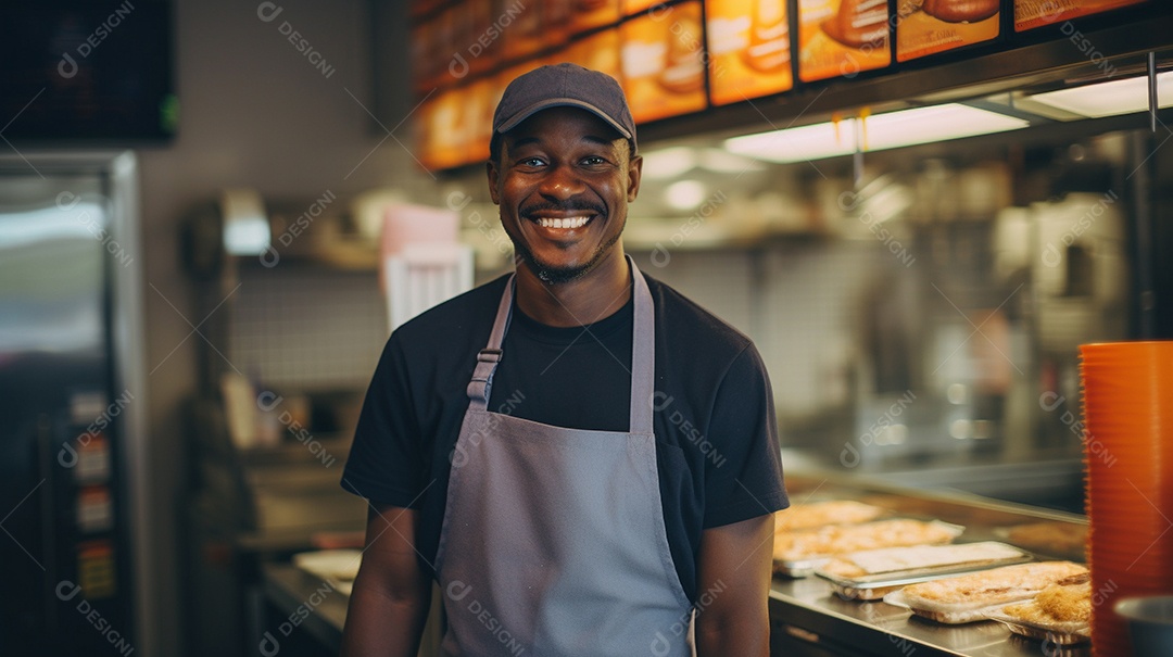 Homem negro trabalhando em uma loja de fast food