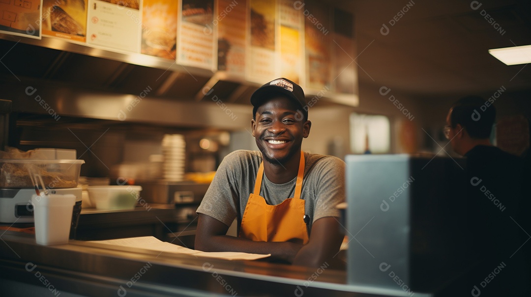 Homem negro trabalhando em uma loja de fast food