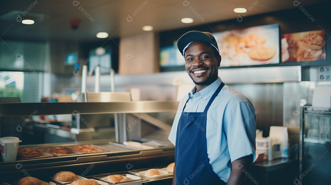Homem negro trabalhando em uma loja de fast food