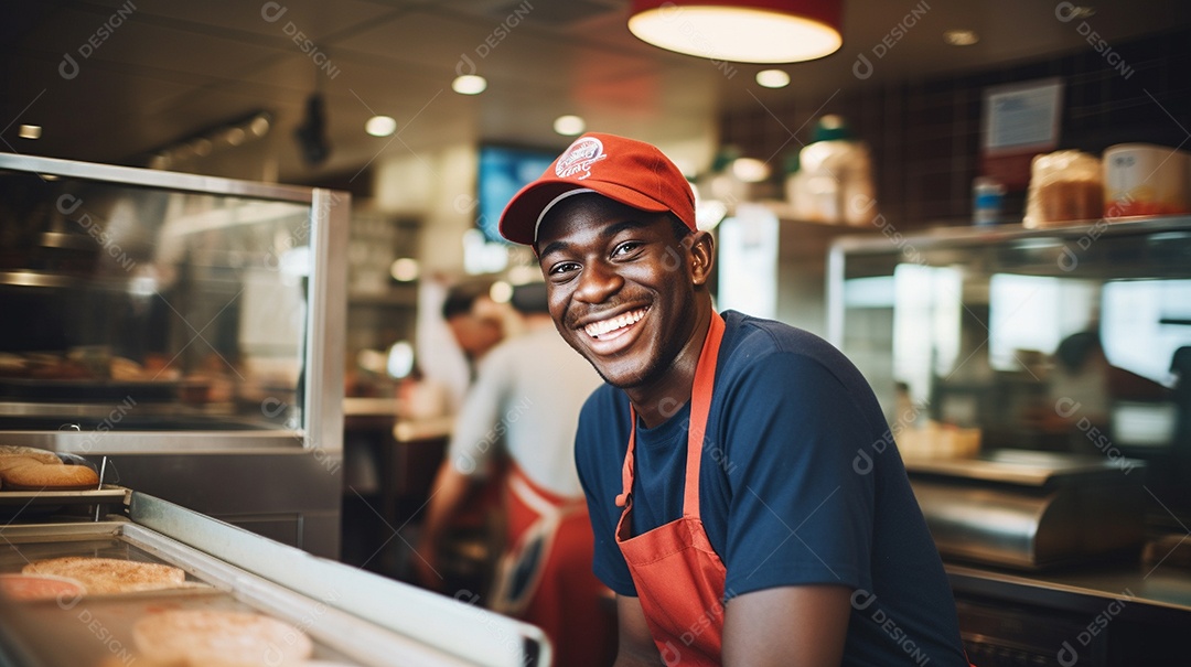 Homem negro trabalhando em uma loja de fast food
