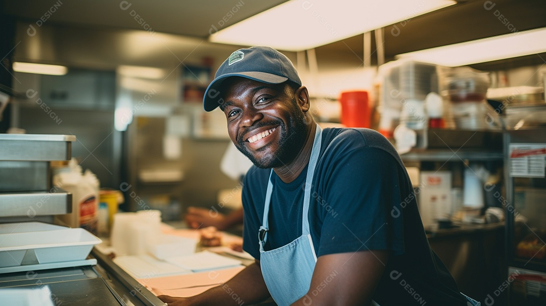 Homem negro trabalhando em uma loja de fast food