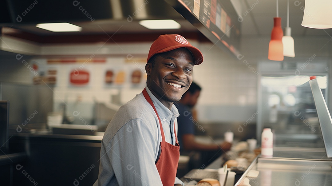 Homem negro trabalhando em uma loja de fast food