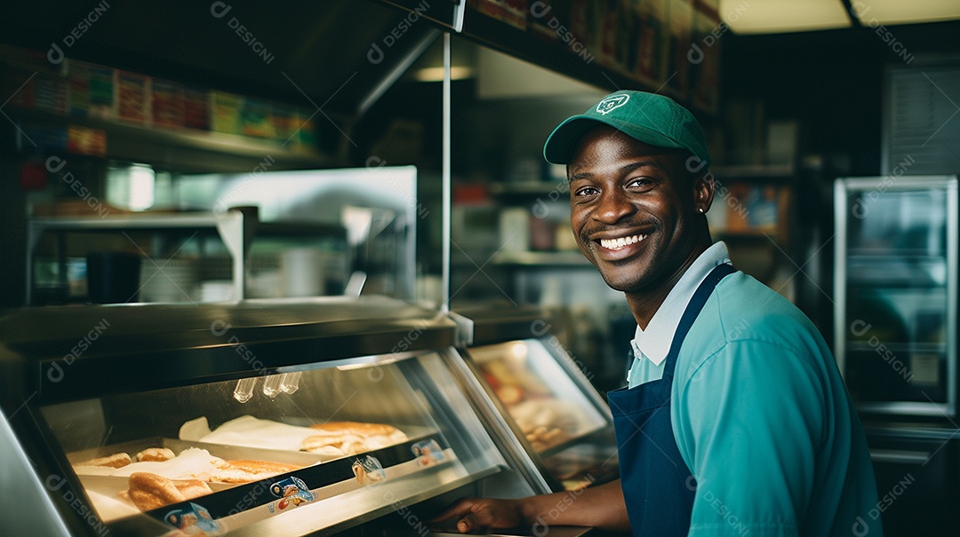 Homem negro trabalhando em uma loja de fast food