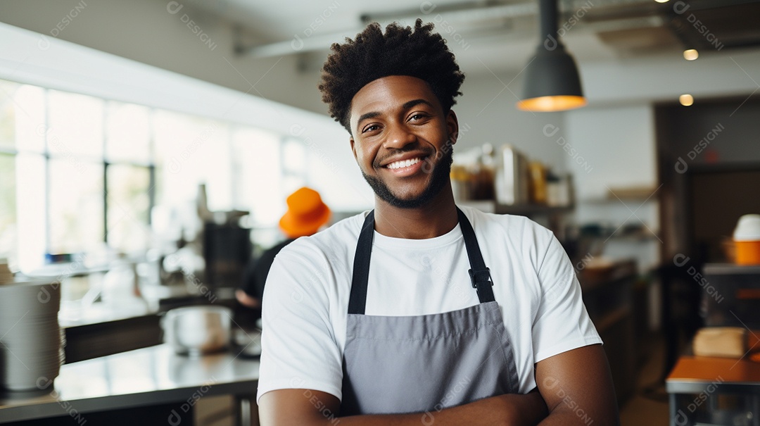 Homem negro trabalhando em uma loja de fast food
