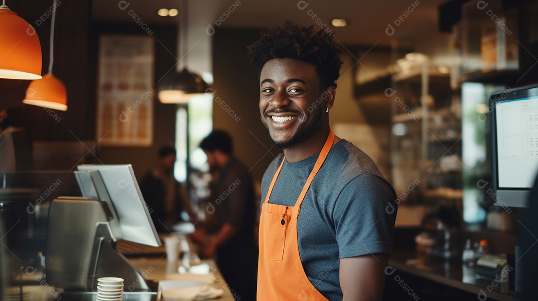 Homem negro trabalhando em uma loja de fast food