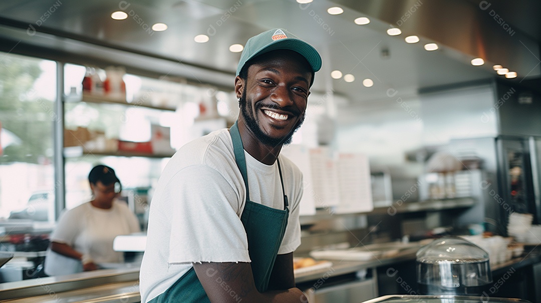 Homem negro trabalhando em uma loja de fast food