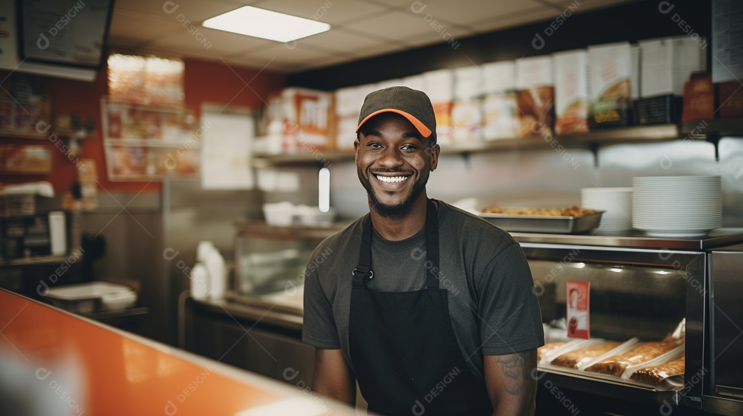 Homem negro trabalhando em uma loja de fast food