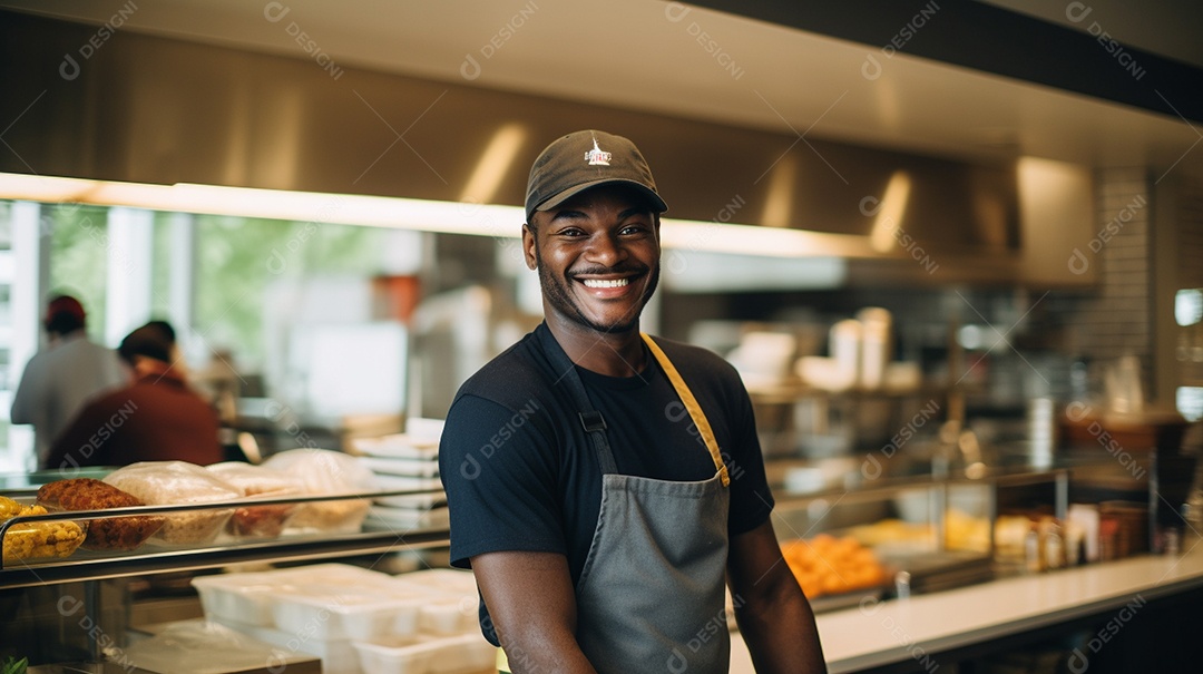Homem negro trabalhando em uma loja de fast food