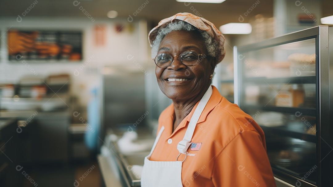Velha negra trabalhando em um fast food