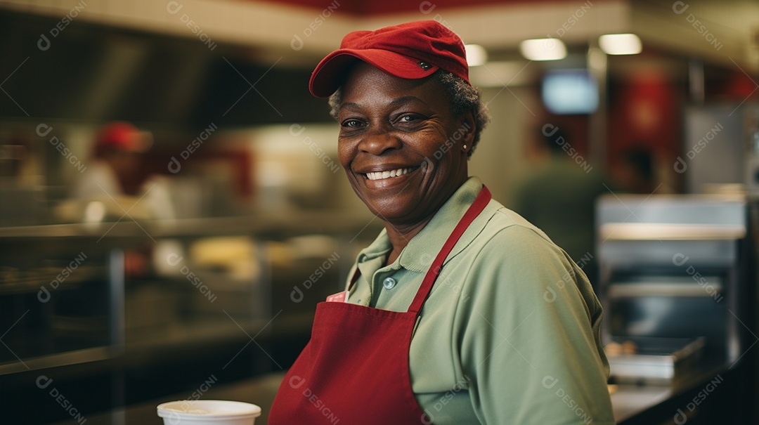 Velha negra trabalhando em um fast food