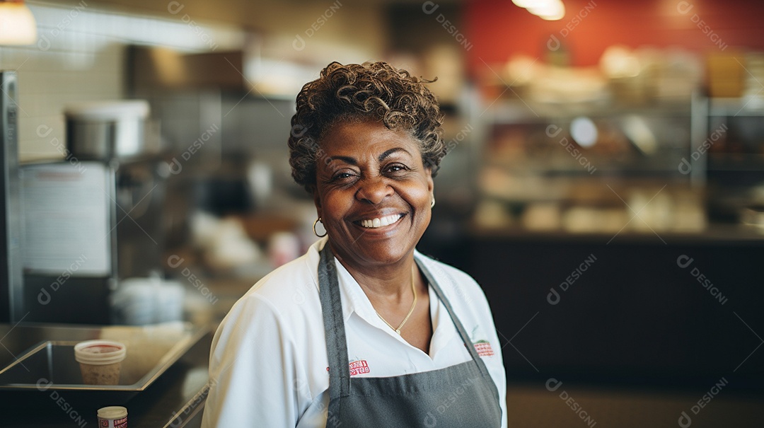 Velha negra trabalhando em um fast food